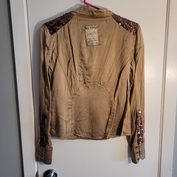 Vntg Da Nang 100% Silk Blouse Sz XS Bronze Sequin Cuff Y2K Boho Resort Wear Top - Picture 4 of 15